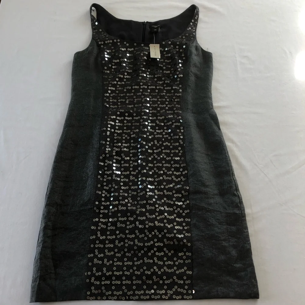 Ann Taylor Party Cocktail Gunmetal Silver Sequin Front Sheath Dress Size 8 NWT - Picture 4 of 14